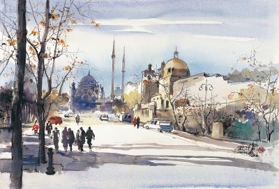 陳陽春在各國展覽，畫下所到之處的美麗風景。<伊斯坦堡之秋>，2005。